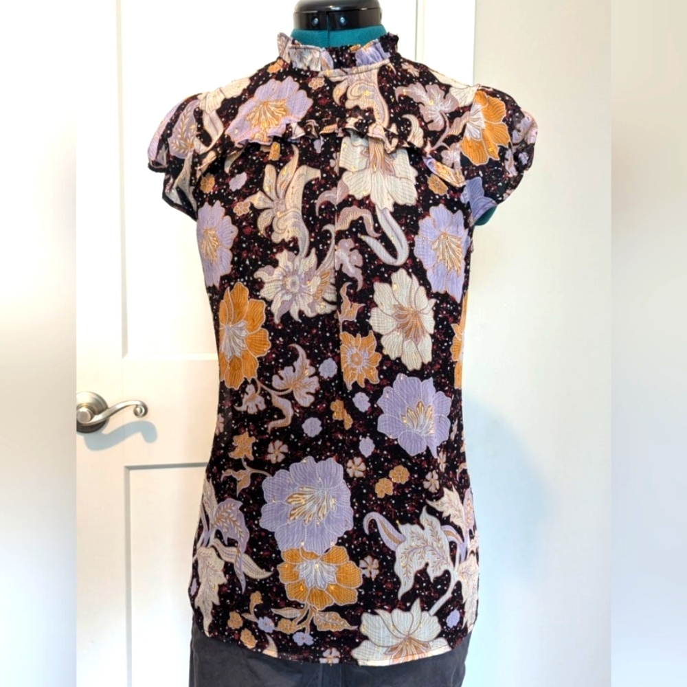 Christian Siriano Womens Blouse Large Black Purple Orange Cap Sleeves High Neck